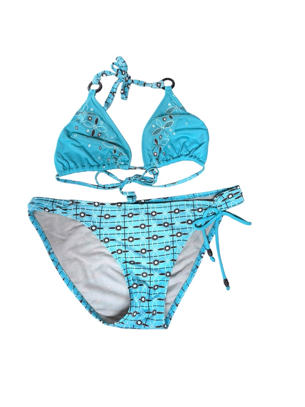 Y2K Vintage Turquoise Geometric/Floral O-Ring Halter Bikini Set 🩵
